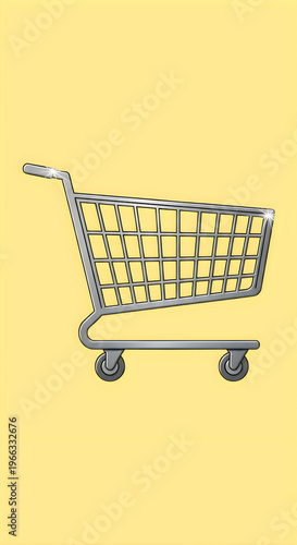 Shopping cart icon, metal grocery trolley isolated on a yellow background