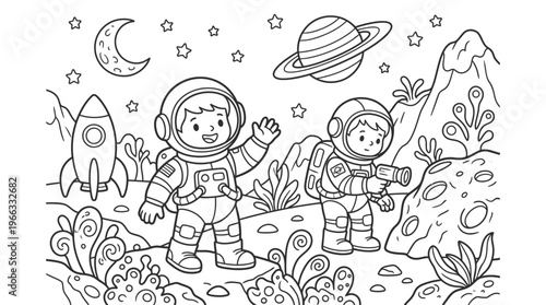 Two astronauts in space suits standing.