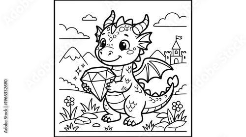 Smiling cartoon dragon with diamond.