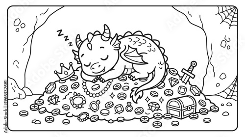 Sleeping dragon on treasure hoard coins.