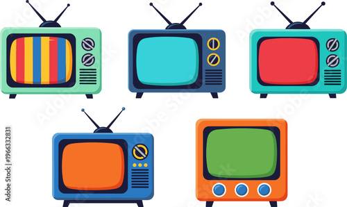 Retro Television Icon Set with Vintage TV Screens in Colorful Flat Style for Media Design, Broadcasting Concepts, and Nostalgic Graphic Elements