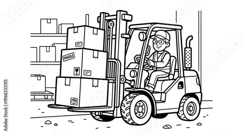 Man Operating Forklift with Boxes.
