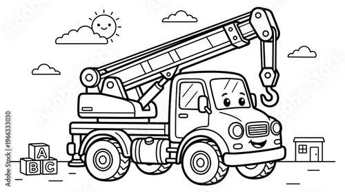 Cartoon truck with crane arm lifting.