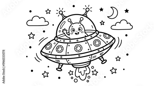 Smiling alien in flying saucer ship.