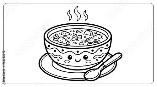 Steaming bowl of soup with spoon.