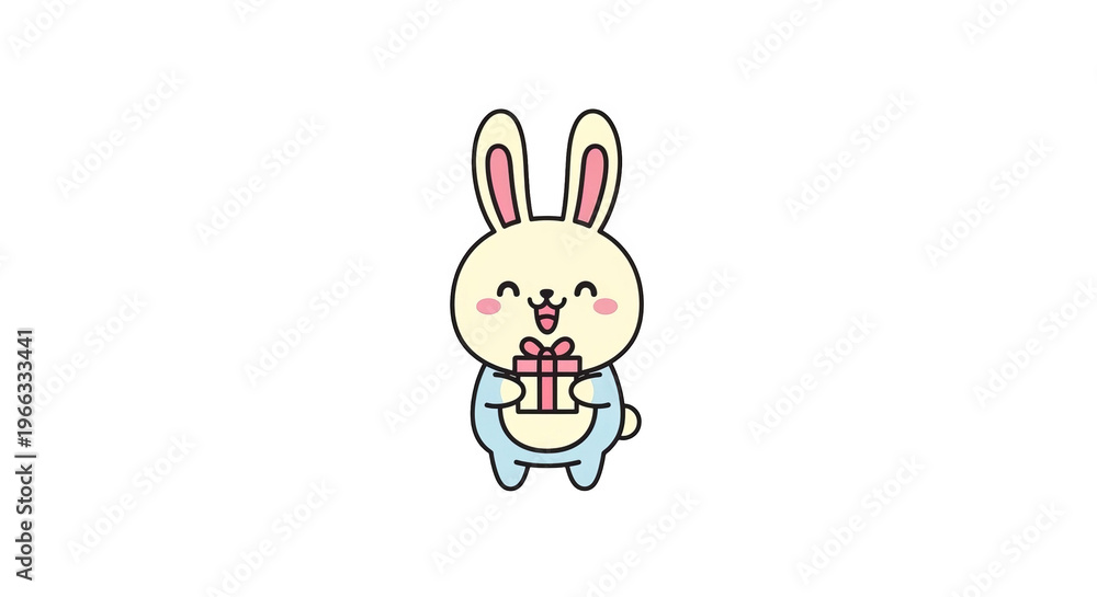 Obraz premium Cute cartoon bunny holding a small pink gift box with a bow.