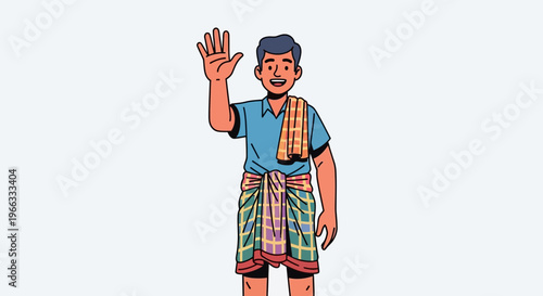 Friendly farmer waving hand, traditional clothing, cartoon style