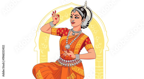 Indian classical dancer in traditional costume and jewelry, performing Odissi dance.