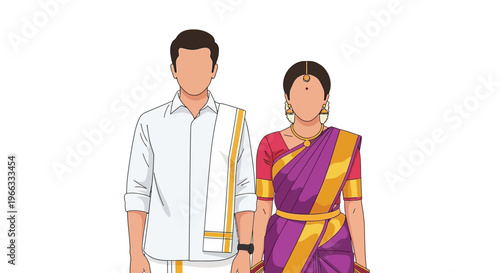 Indian couple in traditional attire, man in white dhoti and shirt, woman in purple saree