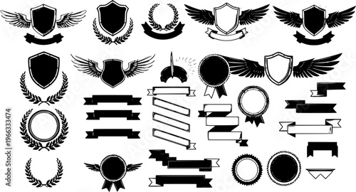 Vector Set of Heraldic Elements: Shields, Wings, Laurels, Banners, and Crowns in Black and White