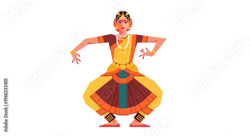 Indian dancer performing classical dance, traditional costume, white background