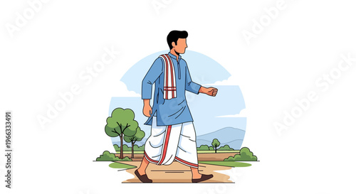 Indian farmer walking in rural landscape