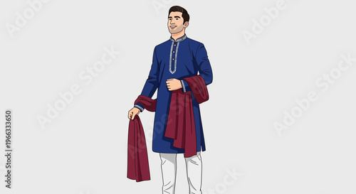 Man in Blue Kurta with Maroon Shawl