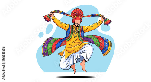 Man dancing bhangra in traditional Punjabi attire, vibrant colors, energetic movement