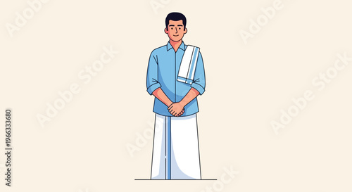 Man in traditional Indian attire, lungi and shirt, standing