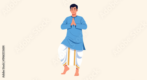 Man in traditional Indian attire, greeting gesture, standing