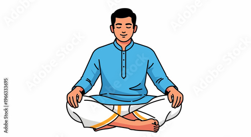 Man in traditional Indian clothing meditating in lotus pose, peaceful, white background