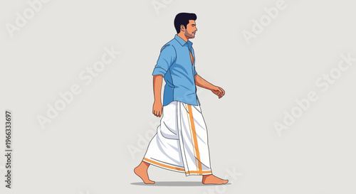 Man in traditional Indian dhoti and shirt walking, full body shot, side view, illustration
