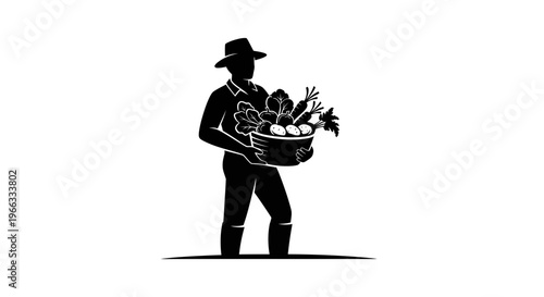 Farmer Silhouette Holding Basket of Fresh Vegetables