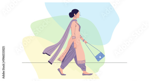 Woman in Traditional Indian Attire Walking with Handbag