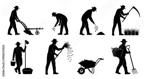 Farmer Silhouette Set: Cultivation, Harvesting, and Transporting Crops