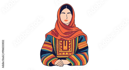 Woman in colorful traditional dress and headscarf, simple illustration