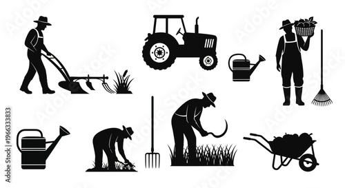 Farming Icons: Farmer with Plow, Tractor, Harvest, Watering Can, Wheelbarrow