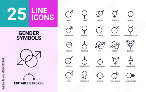 25 Gender symbols line icons set vector editable strokes