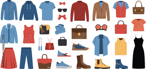 Large collection of flat vector fashion icons featuring casual clothing, stylish footwear, seasonal apparel, handbags, and accessories for retail, e-commerce, and lifestyle design projects.
