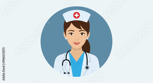 Female Nurse Icon with Stethoscope and Medical Cap