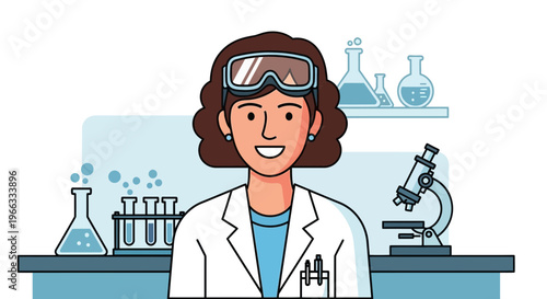 Female Scientist in Lab Coat with Goggles and Microscope, Chemical Flasks