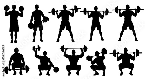 Fitness Silhouettes: Men Lifting Weights, Bodybuilding, Gym Workout Poses