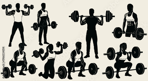 Fitness Silhouette Set: Weightlifting, Strength Training, Bodybuilding Exercises