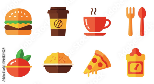 Flat Food Icons Set: Burger, Coffee, Pizza, Utensils, Salad, Rice, Dessert