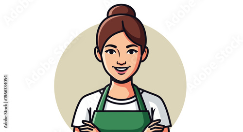 Friendly Woman Florist in Green Apron, Cartoon Style