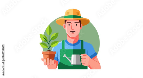 Gardener holding plant and watering can, illustration