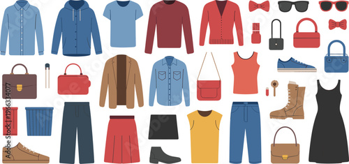 Large collection of flat vector fashion icons featuring casual clothing, stylish footwear, seasonal apparel, handbags, and accessories for retail, e-commerce, and lifestyle design projects.