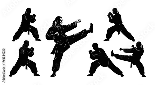 Martial Arts Silhouette Set: Karate, Kung Fu, Fighter Poses