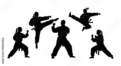 Martial Arts Silhouette Group: Dynamic Kicking and Fighting Poses