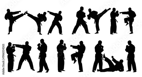 Martial Arts Silhouette Set: Karate, Kung Fu, Taekwondo Figures in Action Poses