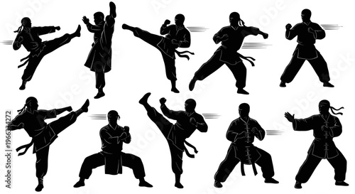 Martial Arts Silhouette Set: Karate, Kung Fu, Taekwondo Fighters in Action Poses