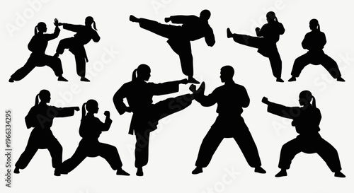Martial Arts Silhouettes: Karate, Kung Fu, Taekwondo Fight Poses