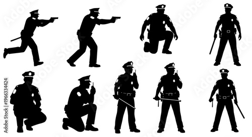 Police Officer Silhouettes: Action Poses, Communication, and Patrol