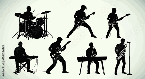 Rock Band Silhouettes: Musicians Playing Guitar, Drums, Saxophone, Keyboard, Singer