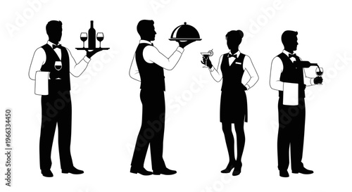 Restaurant Staff Silhouettes: Waiters Serving Drinks and Food