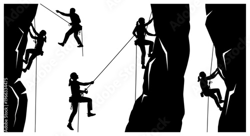 Rock Climbing Silhouettes: Diverse Climbers Ascending Steep Cliffs
