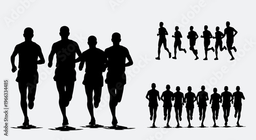 Running Silhouettes: Group Marathon Runners, Athletes in Motion