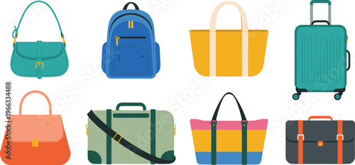 Flat vector collection of various bags and luggage featuring backpacks, suitcases, handbags, and travel briefcases for retail, tourism, fashion, and commercial e-commerce lifestyle design projects.