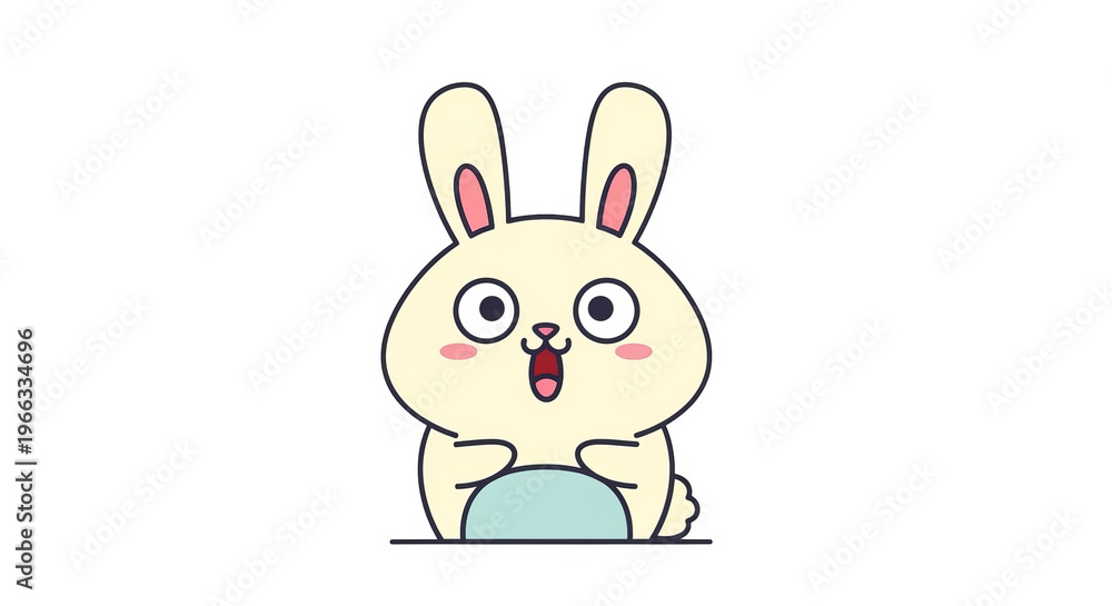 Fototapeta premium A cute cartoon bunny with wide eyes and an open mouth looks surprised and happy.