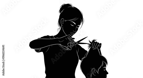 Silhouette of a hairdresser cutting hair with scissors, professional hair salon service